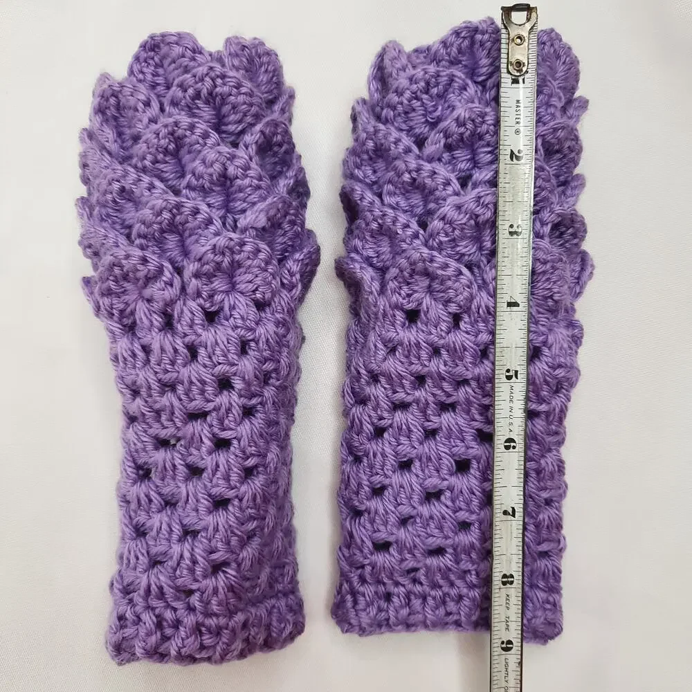 Crochet Dragon Scale Fingerless Gloves Handmade Purple Texting Crocodile Stitch